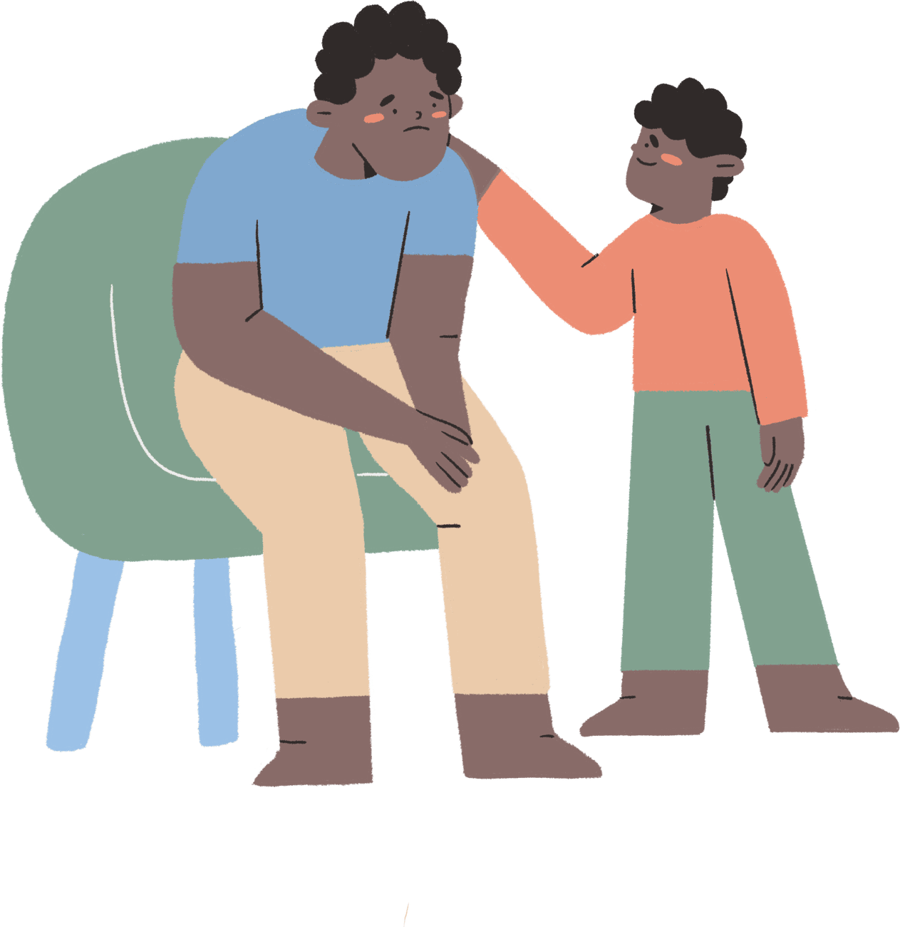 A child comforting a weary adult with a hand on the shoulder