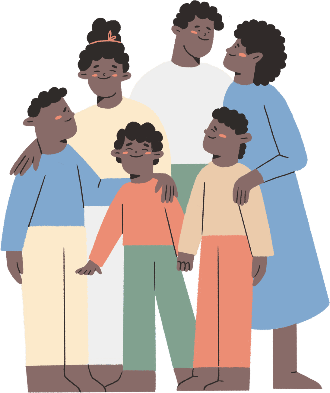 A family of six embracing, leaning into one another